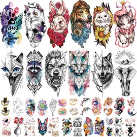 77 Sheets Pet Animal Temporary Tattoo for Women Men, 17 Sheets Half Arm Cat Dog Large Lion Wolf Flower Elephant Fake Tattoo, 60 Tiny Dolphin Rabbit for Adult Kids Body Tattoos Stickers Realistic