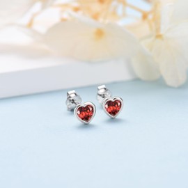 Sterling Silver Stud Earrings for Women Men Girls- Small Heart Shaped Cubic Zirconia Earrings Cartilage Red CZ Hypoallergenic Tragus Piercing Earrings for Girls