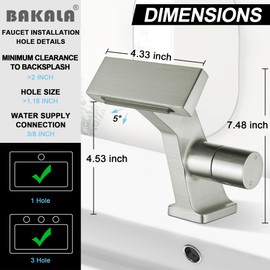 BAKALA Bathroom Sink Faucets Brushed Nickel, Waterfall Bathroom Faucet 1 Hole, Single Handle Brass Bathroom Faucet Deck Mount with 2 Supply Hoses for Basin Lavatory Vanity