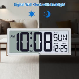 WallarGe Backlight Digital Wall Clock Battery Operated - with Temperature and Date 14.5'' Large Digital Wall Clock, Easy to Read and Set, Auto DST
