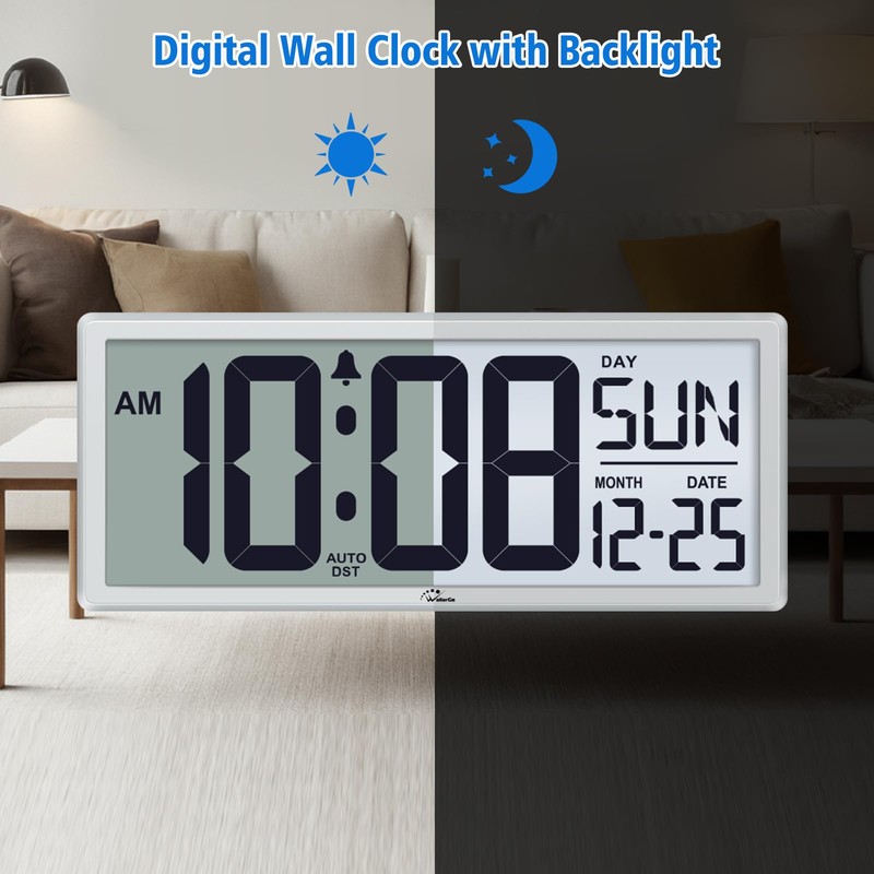 WallarGe Backlight Digital Wall Clock Battery Operated - with Temperature