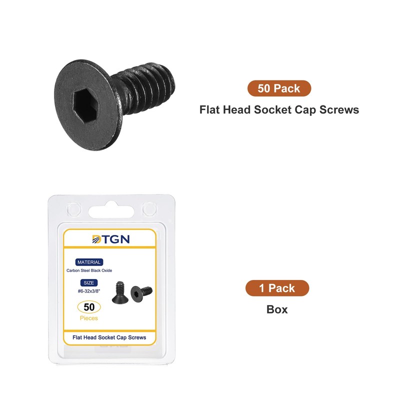 DTGN #6-32x3/8" Flat Head Socket Cap Screws, 50 Pack Hex