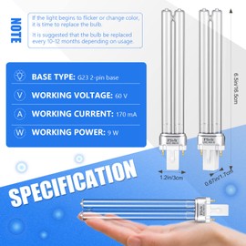 Kittmip UV Light Bulbs 9 Watt UV-C G23 2 Pin Base Bulb Replacement Lamp Air Purifiers Replace UV Bulb Compatible with UVE9 CF400 CF500 UVCP-9 JUP-01 303B 304B D200 R18 R18D R2000 (2 Pieces)