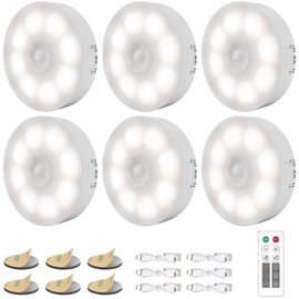 6 Pack Under Cabinet Lights [with Remote], 16 LEDs Wireless Motion Sensor Light Puck Light, 3 Color Temps Dimmable 3000-6000K, Rechargeable Closet Lights for Cabinet, Closet, Kitchen, Hallway, Stairs
