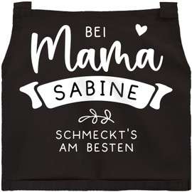 SpecialMe® Cooking Apron Women's Kitchen Apron with Saying "Bei Mama schmeckts am Besten" [German Language], Customisable with Mum name in black