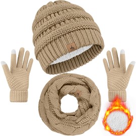 Winter Beanie Hat Scarf Gloves, Warm Fleece Knit Winter Hats Touch Screen Gloves Neck Scarf Set Winter Gifts for Unisex Adult Light Khaki