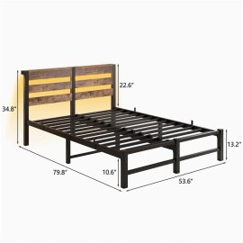 Full Size Metal Platform Bed Frame w/LED Headboard & USB Charging Station-Brown