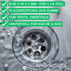 Flat Seal for Drain Valve, Pack of 2, Diameter 62 x 42 x 1 mm, for 1 1/4 Inch Washbasin Fittings, Sink Drain Valve Replacement Seal, Seal Set Kitchen Tap, Sealing Ring Installation System