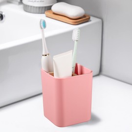 Bamboo Toothbrush Holder for Bathrooms, 3 Slots Toothbrush and Toothpaste Holder Bathroom Counter Organizer for Electric Toothbrushes, Floss, Razors - Pink