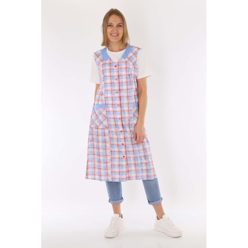 Schuerzenfabrik Button Gown Women's Mixed Fabric Checked Apron Sleeveless Cooking