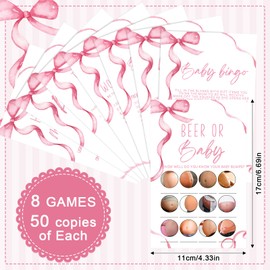 Honoson Pink Bow Baby Shower Games for 50 Guest, 8 Games Include Baby Shower Bingo, Guess Who is Mommy or Daddy, Word Scramble, How Big is Mommys Belly, Pacifier Hunt and More, Fun and Easy to Play