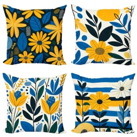 Ambesonne Flowers Throw Pillow Cushion Cover Set of 4, Bicolour Style Daisy Like Floral Motif with Simple Leaves Nature Artwork, Decorative Accent Double-Sided Printing, 20", Yellow Dark Sky Blue