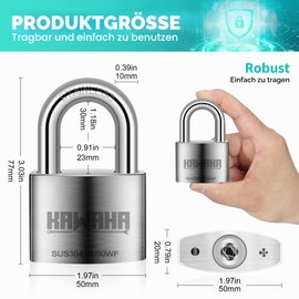 KAWAHA 41/50KD-3SK 5cm (50mm) High Security Padlock with Key for Indoor and Outdoor Use (SUS304 Stainless Steel, Heavy Duty, Rustproof) (50mm, 3 Keys)