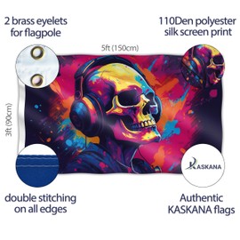 Skull with Headphones Flag - Music Large Funny Flag - Double-Sided Print - 110D Polyester - Double Stitching - 2 Brass Eyelets, Large 90 x 150 cm (5 x 3 Feet)