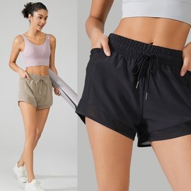 Double Layer Health Fit Sheer Shorts Pants Black S 2ea