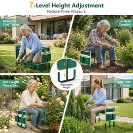 AUROPEAK 2-in-1 Garden Kneeler and Seat, Adjustable Garden Stool with Thickened Pad & Handles, 7-Level Height Adjustment, Foldable 420lbs with 2 Tool Bags for Seniors Gardening Outdoor Use