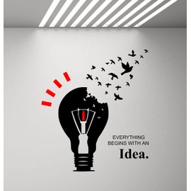 Bulb Style with Quotes Everything Begins with an Idea Wall Decal Educational Quotes Wall Stickers Office Inspired Quotes Decal Y68 (Black,Red)