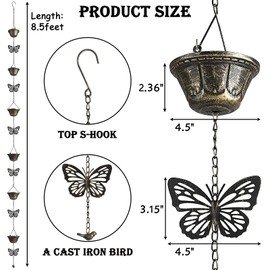 8.5FT Rain Chains for Gutters Downspouts, Butterfly and Cup Rain Gutter Chain, Functional and Decorative Replacement Rainchains for Downspout, Metal Rain Catcher Chimes for Outside, Vintage Copper