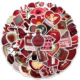 50pcs Red Aesthetic Sticker for Girl Water Bottle, Retro Vintage Waterproof Vinyl Decal for Women Teen Adult Kids Laptop Luggage Phone Guitar Notebook Helmet Scrapbook