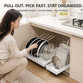 Pull-Out Pot and Pan Lid Organizer Rack for Kitchen Cabinet, White Sliding Cookware Storage Holder