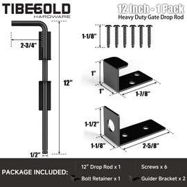 TIBEGOLD 12" Heavy Duty Cane Bolt Gate Drop Rod, Extra Thick Gate Ground Latch Hardware for Wood PVC Vinyl Metal Fences Gates, Wrought Iron Doors Stopper Gate Latches, Black Finish, 1 Pack