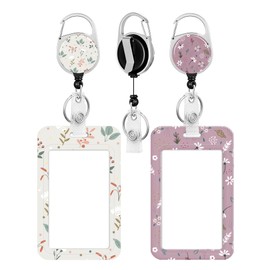 WOOXDYUK Pack of 2 ID Card Holders and Retractable Reel, Small Fresh Flower Style, with Durable Retractable Roll, for Teachers, Students and Office Workers (Pink&White)