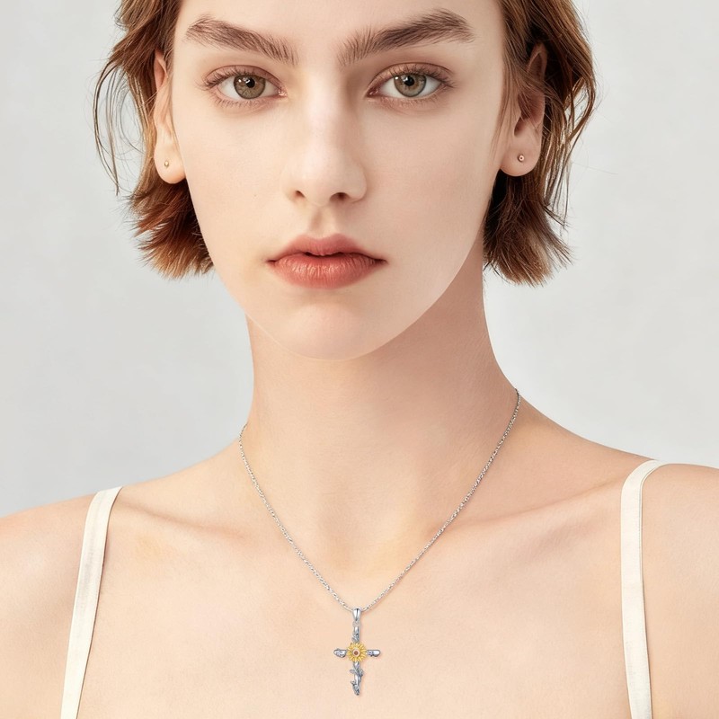 DAOCHONG Sunflower Mustard Seed Cross Necklace for Women Faith Jewelry