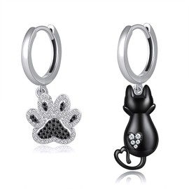 Cat Earrings 925 Sterling Silver Kitten Paw Print Earrings Cute Cat Paw Hoop Earrings Black Cat Jewellery Gifts for Women Girls Daughter Cats Lovers, Sterling Silver