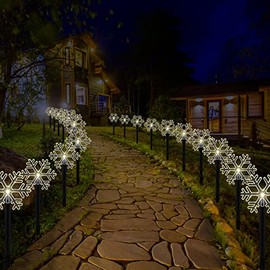 20 Pieces Solar Christmas Snowflake Lights Outdoor Christmas Pathway Stake Lights LED Snowflake Solar Powered Walkway Lights for Garden Lawn Yard Festival Christmas Decoration