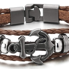 COOLSTEELANDBEYOND Mens Women Marine Anchor Brown Braided Leather Bracelet Three-Row Leather Wristband Wrap Bracelet