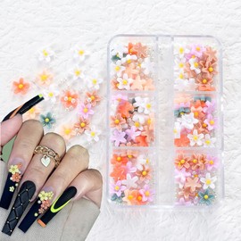 Daisy Nail Decals - 6 Grids of 3D Flower Nail Charms with Resin, Steel Beads & Rhinestones for DIY Floral Manicure Accessories
