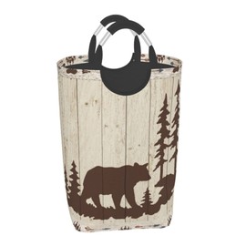 BOKEKANG Large Laundry Basket,Wild Animals Rustic Cabin Forest Bear Paw Print Wooden Board,Laundry Hamper Collapsible Organizer Bin with Handles Washing Bin Dirty Basket for Clothes Toys