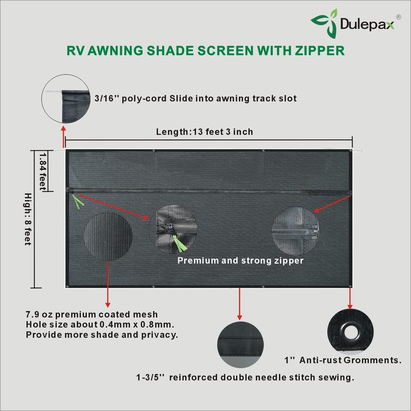 Dulepax RV Awning Shade Screen with Zipper 8'X13'3'' -Second Generation