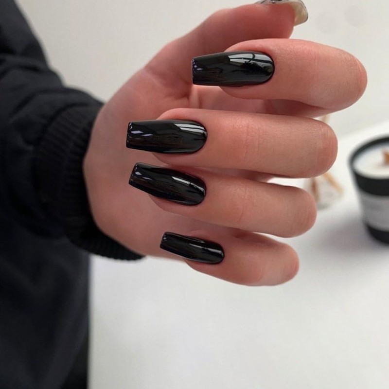 KQueenest Glossy Black Press on Nails Long Medium Square, Pure