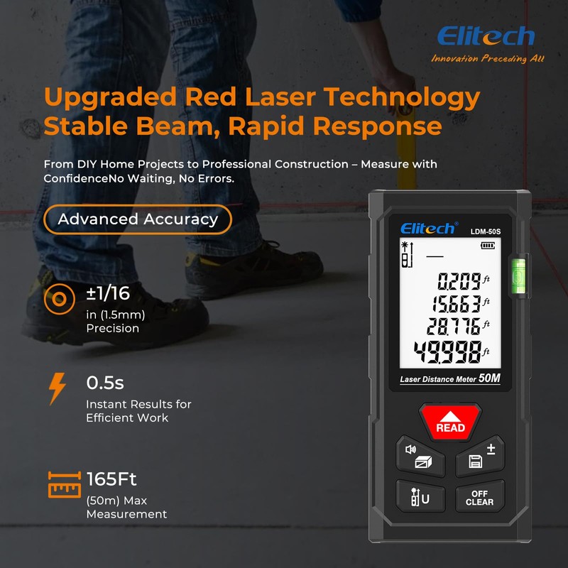 Elitech Laser Measurement Tool 165 Ft, Distance Measuring Meters with