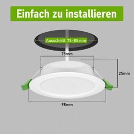 Jaenmsa LED Spotlights, 230 V, Recessed Spotlights, LED, 8 W, 75-85 mm Installation Diameter, IP44, Not Dimmable, LED Ceiling Spotlights, Flat, Neutral White, 4000 K for Bathroom, Kitchen, Living