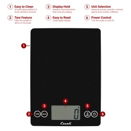 Escali Arti Glass Food Scale Digital Countertop Kitchen, Baking and Cooking Scale with Nutrition and Calorie Counter, 15-Pound Capacity, 9" x 6.5" x .75", Black
