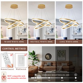 Sparklelf Modern LED Chandelier Gold 2-Rings Pendant Light Circular Flush Mount Ceiling Chandelier Lighting with Remote Control for Bedroom Living Room Dining Room Entrance, 3000K-6500K