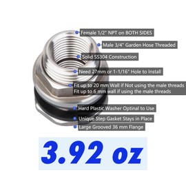 RAINPAL SSBF020 Stainless Steel 304 Bulkhead Tank Fitting (Double Female 1/2” NPT and Male 3/4" NH Garden Hose Threaded, w/Step gasket) (6)
