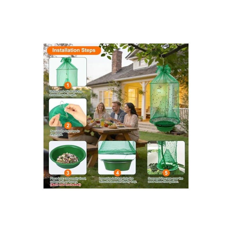 4 Pack Reusable Outdoor Fly Traps with Bait Tray