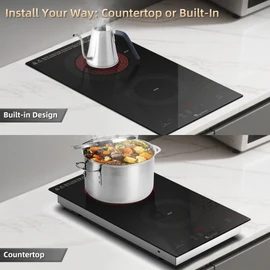 2 Burner Electric Cooktop 110v, Plug in Stove Top Burner, Countertop & Built-in Electric Burner with Touch Control, 9 Power Levels, Timer, Multiple Safety Protection, 1800W