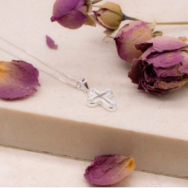 Tuscany Silver Women's Sterling Silver Small Cut Out Cross with White Cubic Zirconia Pendant on Curb Chain of 46cm/18"