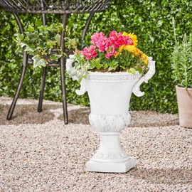 Christopher Knight Home Jorine Patio Planter, Light Concrete Planter, Mid-Centry Gadern Urn, Floral Relif Design, Large Garden Pot, Flower Urn with Drainage Hole for Backyard Home, Antique White
