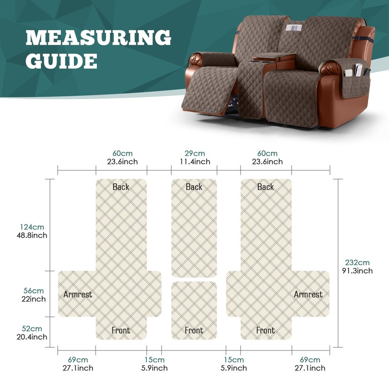 Ruaozz Waterproof Loveseat Recliner Cover with Console Non-Slip Reclining Couch