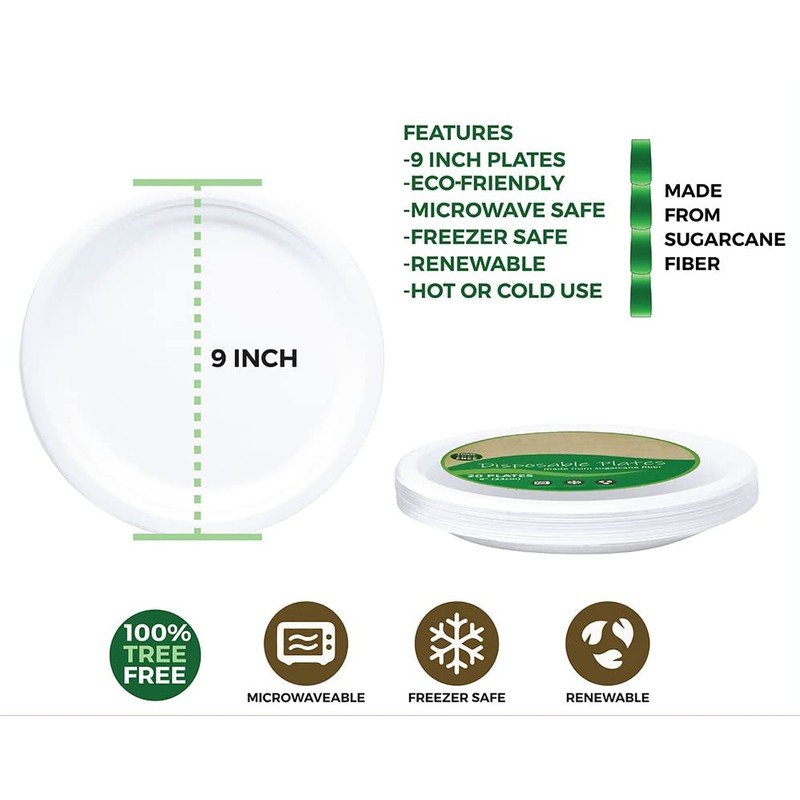 50Pack 9inch Party Plates Disposable Sugarcane Bagasse Plates - Heavy