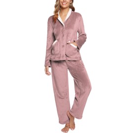 iClosam Pyjamas for Women Fleece Pyjamas Set Soft Warm Nightwear Loungewear Fluffy Pjs Button Down Long Sleeve Sleepwear with Pockets Pink