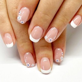 24Pcs Short Fake Nails Square Nude White Flower French Tip Short Press On Nails Square with Designs Full Cover Glossy False Nails,Acrylic Thick Glue on Nails, Stick on Nails For Women Daily Events CW473