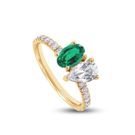 Toi Et Moi Ring For Women, Oval Shape Green Emerald Lab Grown Gemstone And Pear & Round Lab Created Moissanite Diamond Wedding Half Eternity Ring In 14K Yellow Gold Over Sterling Silver-Size-5