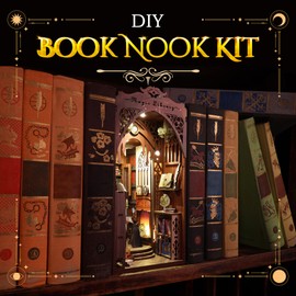 Book Nook Kit - DIY Book Nook Kits for Adults Miniature Dollhouse Craft Set Wooden Bookshelf Decor 3D Puzzle with 168 Durable Pieces & Motion-Activated Led Lights Book Accessories (Magic Library)