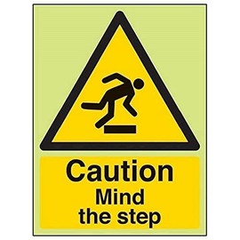 V Safety Glow In The Dark Caution Mind The Step Warning Sign - 150mm x 200mm - Rigid Plastic